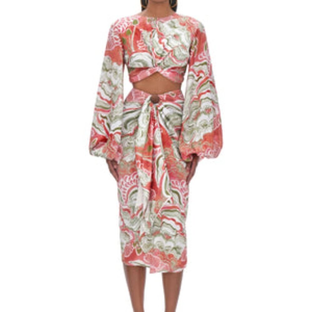 Andrea Iyamah Resort Floral Wrap Skirt Crop Top with Bell Sleeves